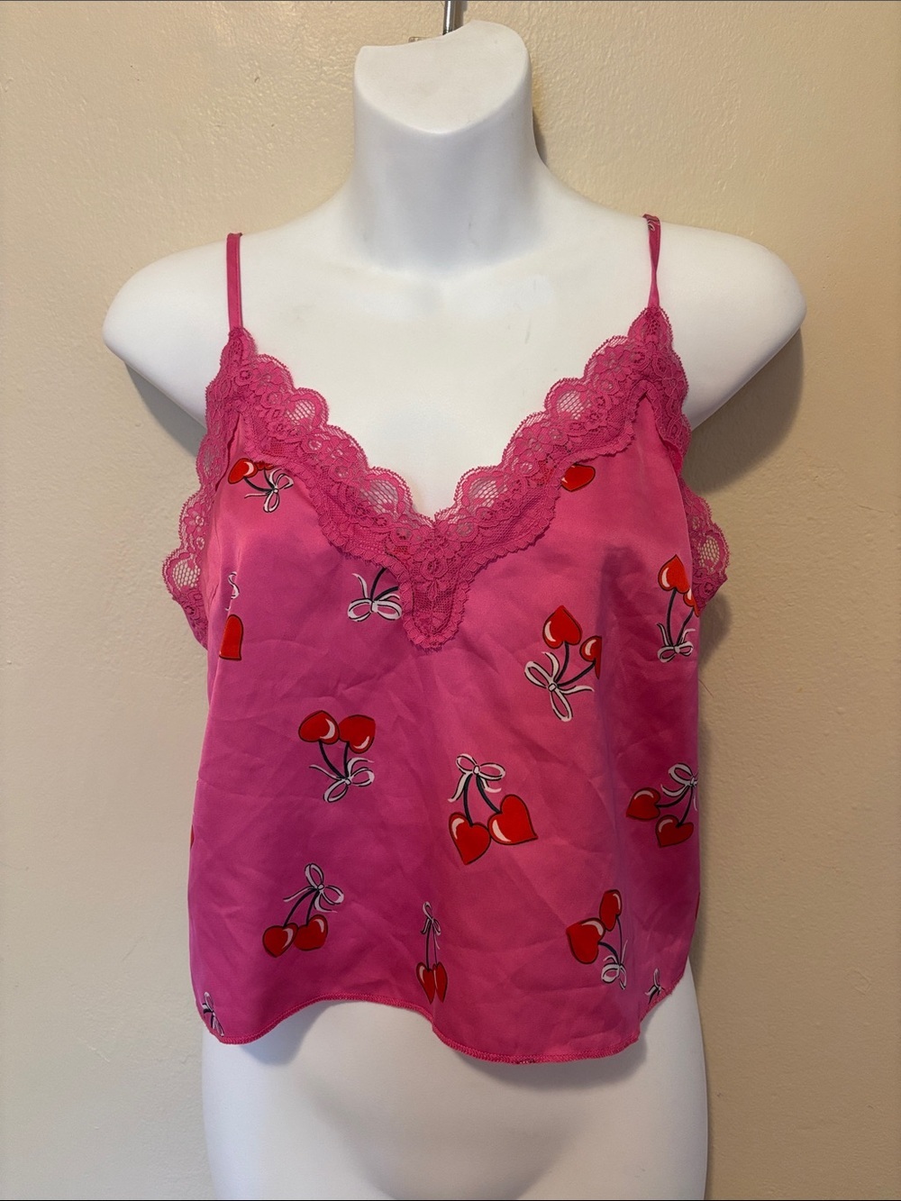 Colsie Hot Pink Cherry Print Lace Cami